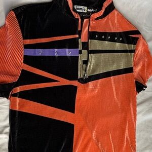 Nomic Sadoc Ribbed Geometric Colorblock Top Orange Black Short Sleeve Size L